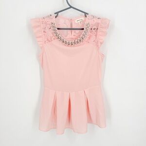 Monteau Pink Peplum Blouse with Lace Details